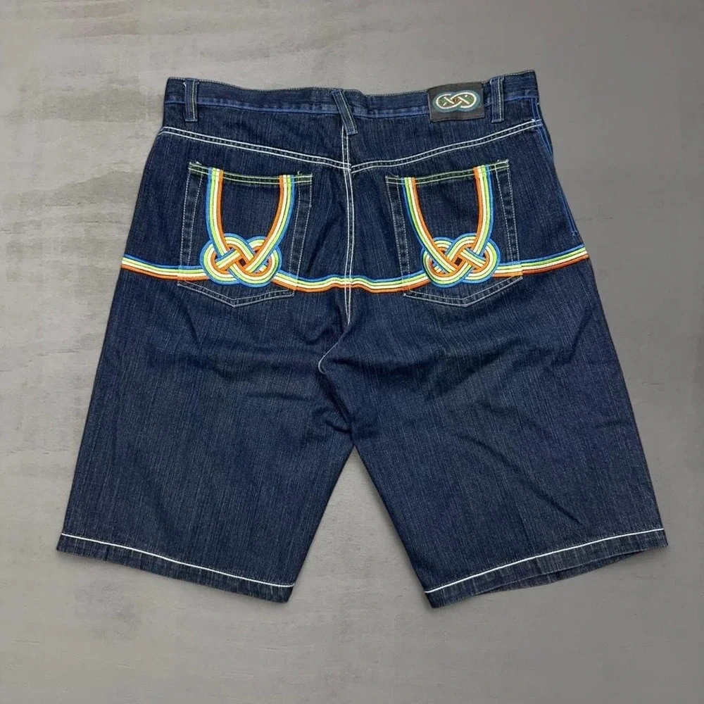Y2K Evolution In Design‎ Denim Shorts Blue Rainbow Embroidered Baggy Jorts 44